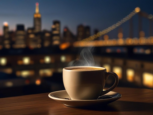 a cup of coffee on a table with a city in the background