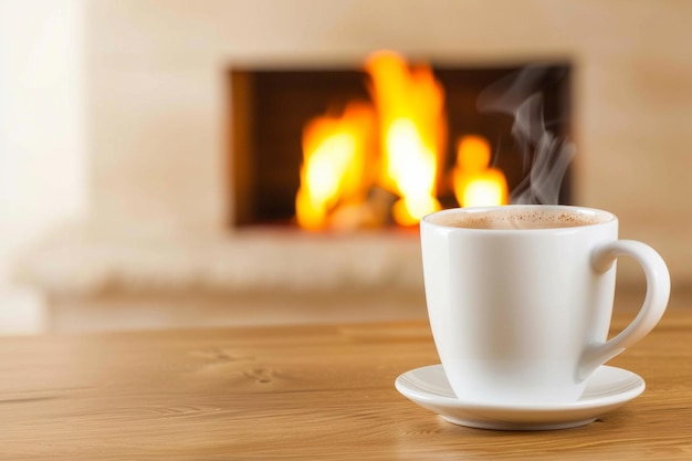 a cup of coffee on a table with a fireplace in the background