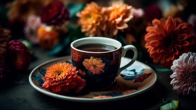 Cup of a coffee on a table with flowers created using Generative AI