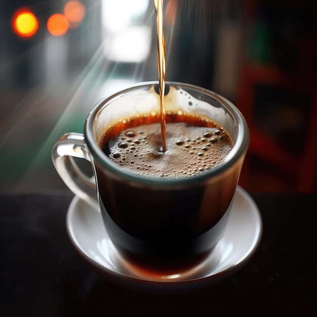 Cup of coffee on table with a restaurant background and nice lights