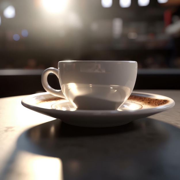 Cup of coffee on table with a restaurant background and nice lights