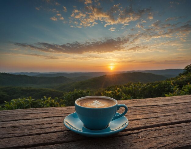 a cup of coffee on a table with the sunset in the background