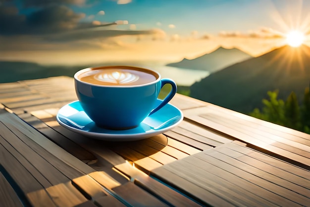 a cup of coffee on a table with the sunset in the background.