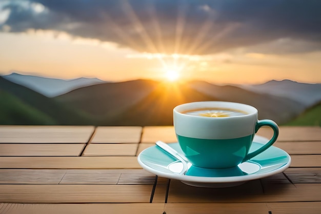 a cup of coffee on a table with a sunset in the background