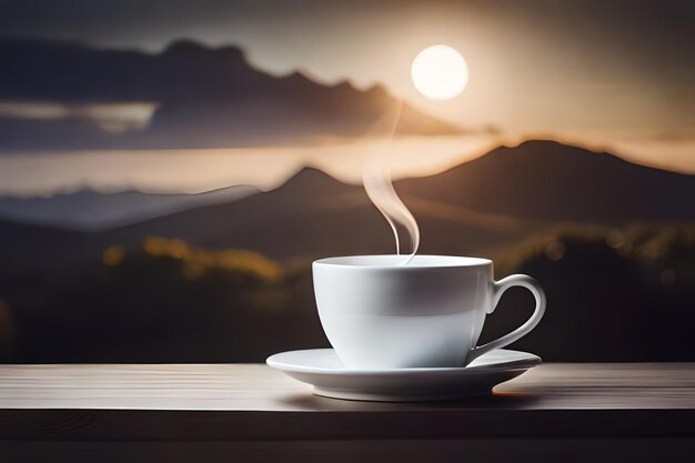 a cup of coffee on a table with a sunset in the background.