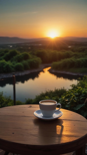 Photo a cup of coffee on a table with a sunset in the background