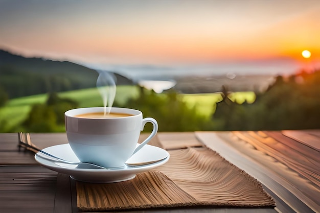 a cup of coffee on a table with a view of the sunset