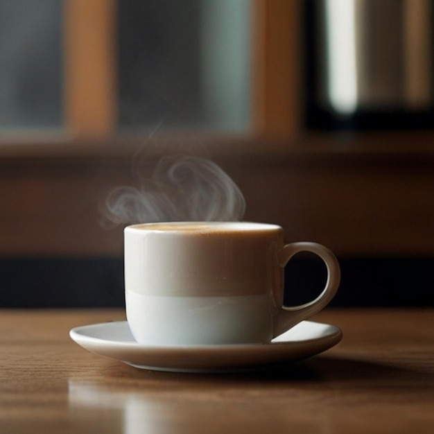 a cup of coffee on a table with a white cappuccino on it