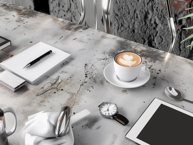 Photo a cup of coffee and a tablet on a table