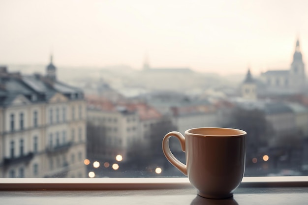 Cup of coffee or tea on windowsill by window indoors view of European city Drink mug with copy space Generative AI