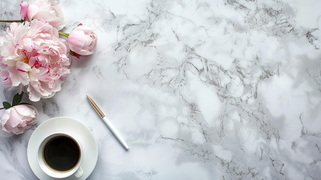 A cup of coffee a telephone a ballpoint pen and a Peony flower lie on a white marble table