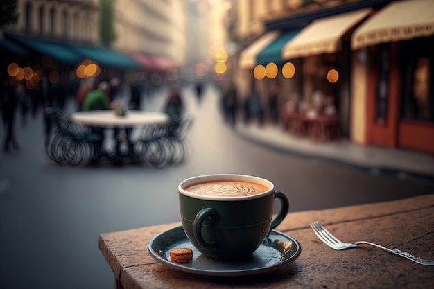 A cup of coffee on top balcony with blurred street background with copy space