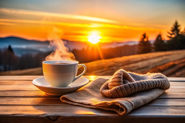 Photo a cup of coffee and a towel on a table with a sunset in the background