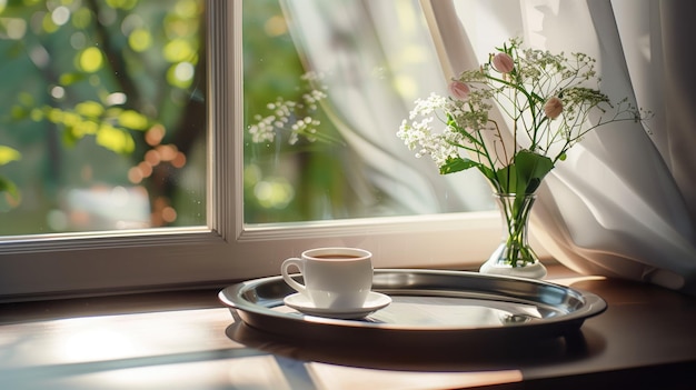 Cup of coffee on tray with flowers by window sunlight and greenery outside