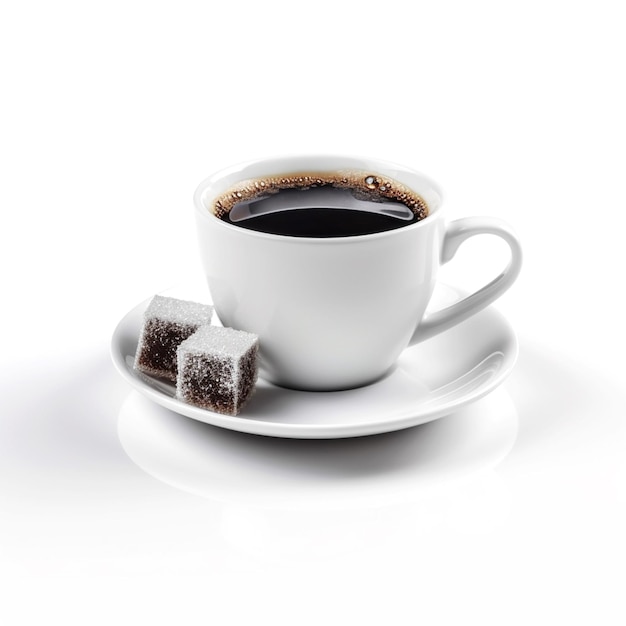 A cup of coffee and two brown sugar cubes on a saucer.