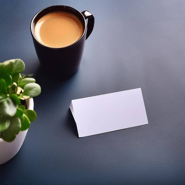 a cup of coffee next to a white card that says  coffee