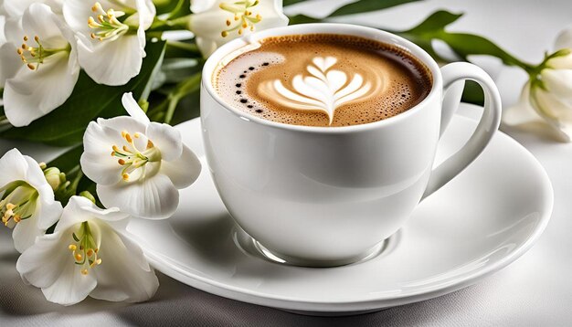 Cup of coffee and white flowers