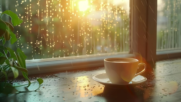 Photo a cup of coffee on a window sill with rain drops on the window sill