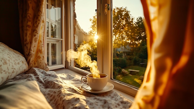 Photo a cup of coffee on a window sill with the sun shining through the window