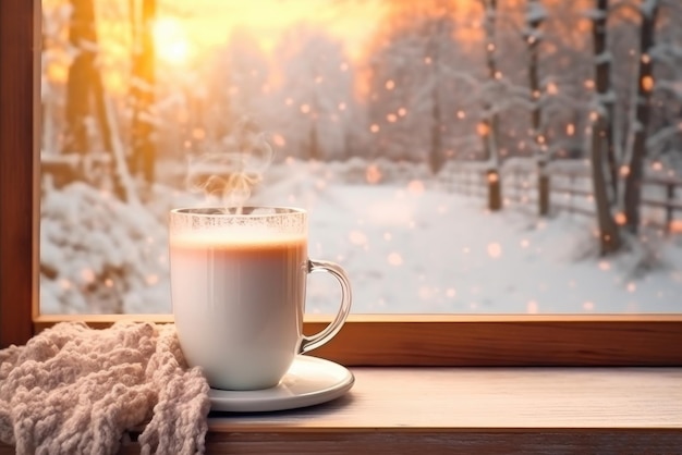 Cup of coffee on the windowsill in the winter forest