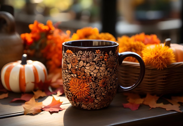 Cup of coffee with autumn leaves and pumpkins on wooden table