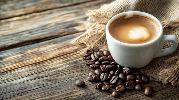 a cup of coffee with a bag of coffee beans on a wooden table