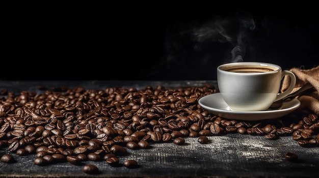 A cup of coffee with beans on the table