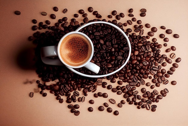 A cup of coffee with beans on the table