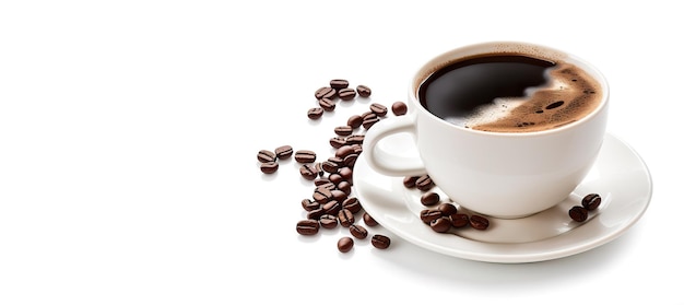 Cup of coffee with beans on white background banner Generative AI