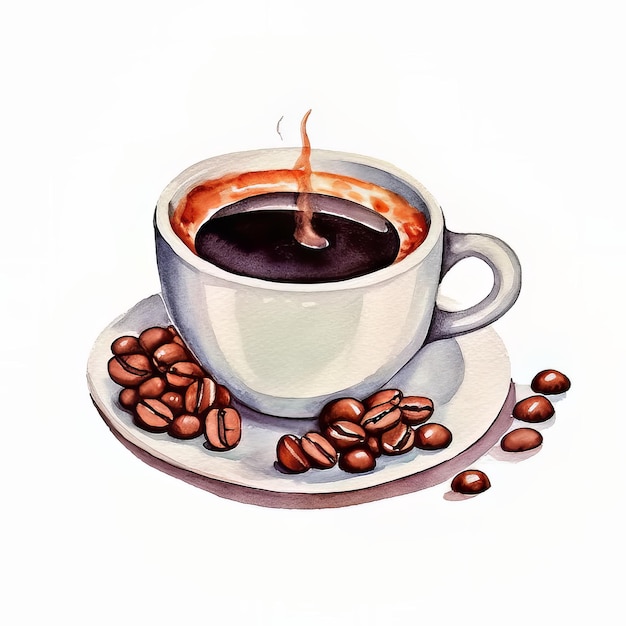 A cup of coffee with beans on a white background