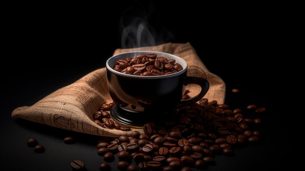 A cup of coffee with a black background and a brown cloth with coffee beans on it.