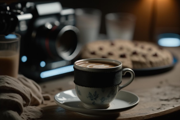 A cup of coffee with a blue flower on it