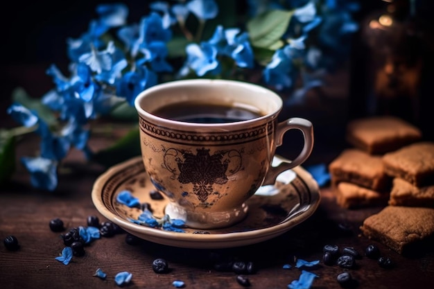 A cup of coffee with blue flowers on the background