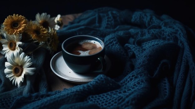 A cup of coffee with a blue sweater and a flower on the blanket.