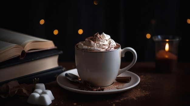 a cup of coffee with a book on the table next to it