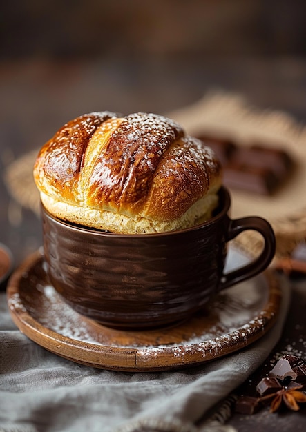 a cup of coffee with a bun on it