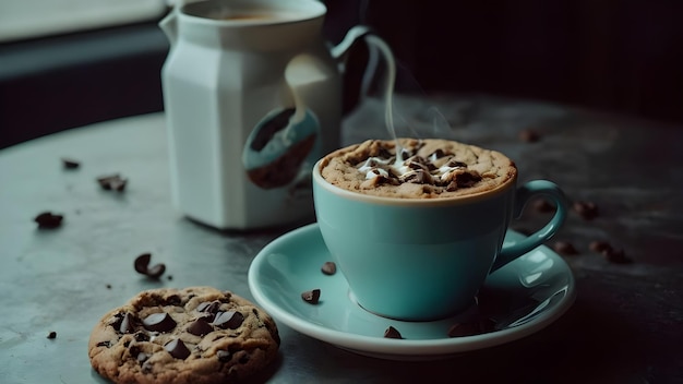 a cup of coffee with chocolate chips on it and a teacup on the table