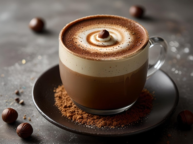 a cup of coffee with chocolate chips on a table