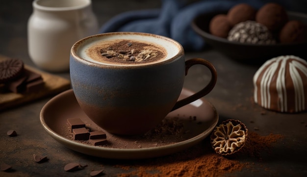 A cup of coffee with chocolate and nuts on a plate