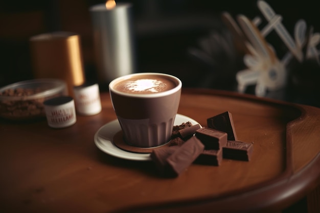 A cup of coffee with chocolate on a table next to a candle holder.