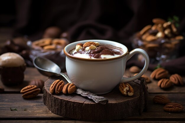 A cup of coffee with a chocolate topping and pecans on a wooden table.