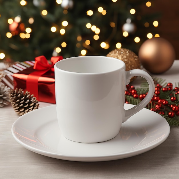 Cup of coffee with christmas decorations on wooden table closeup