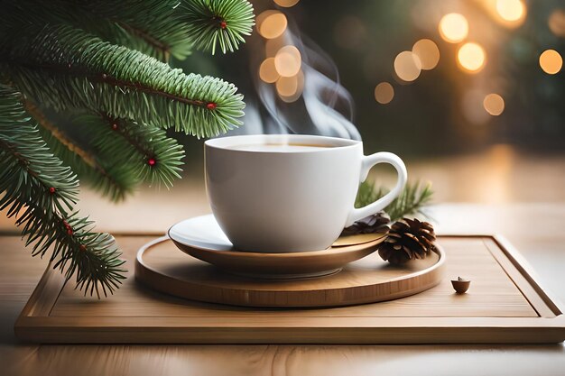 a cup of coffee with a christmas tree in the background.