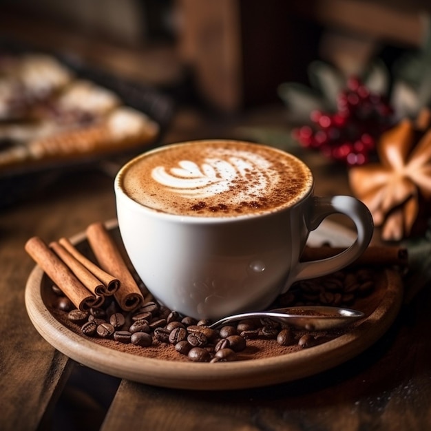 A cup of coffee with cinnamon on the rim