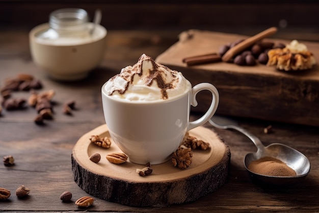 A cup of coffee with a cinnamon stick on top of it.