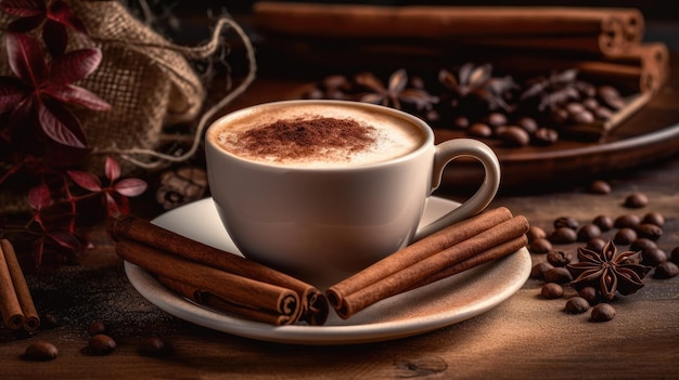 A cup of coffee with cinnamon sticks on a plate