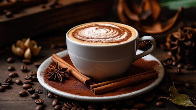 A cup of coffee with cinnamon sticks on a plate