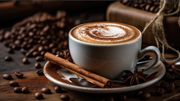 A cup of coffee with cinnamon sticks on a plate