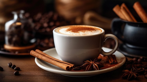 A cup of coffee with cinnamon sticks on a plate