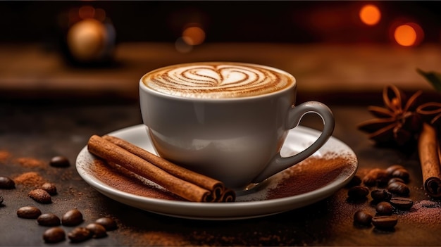 A cup of coffee with cinnamon sticks on a saucer